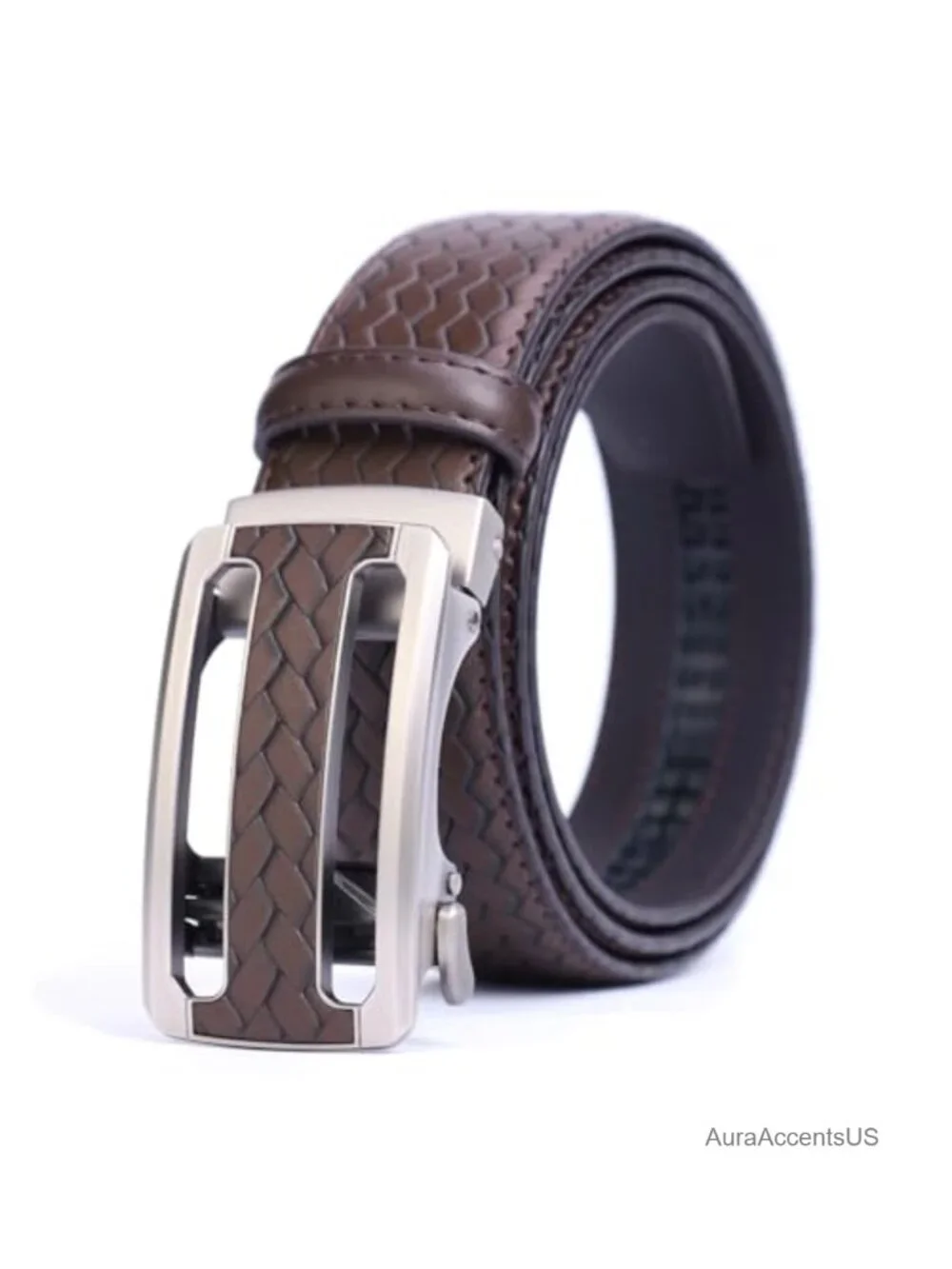 Men's Woven Leather Ratchet Belt, Adjustable Slide Dress Belt with Automatic